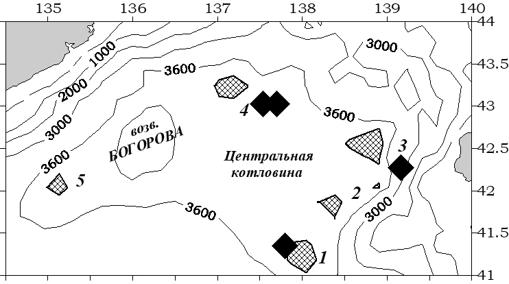 Рис. 7. Районы с глубиной более 3700 м по данным ГЕБКО (пронумерованы и заштрихованы) и известные из публикаций места обнаружения больших глубин в Японском море (ромбы).