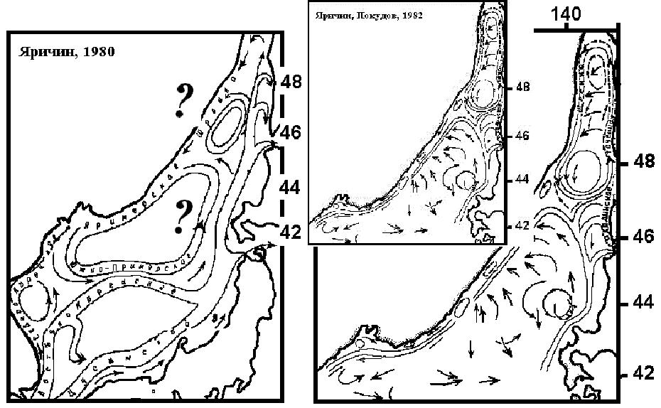 Схемы течений Японского моря (слева — обобщённая, справа — по данным кратковременных измерений на стационарных буях).