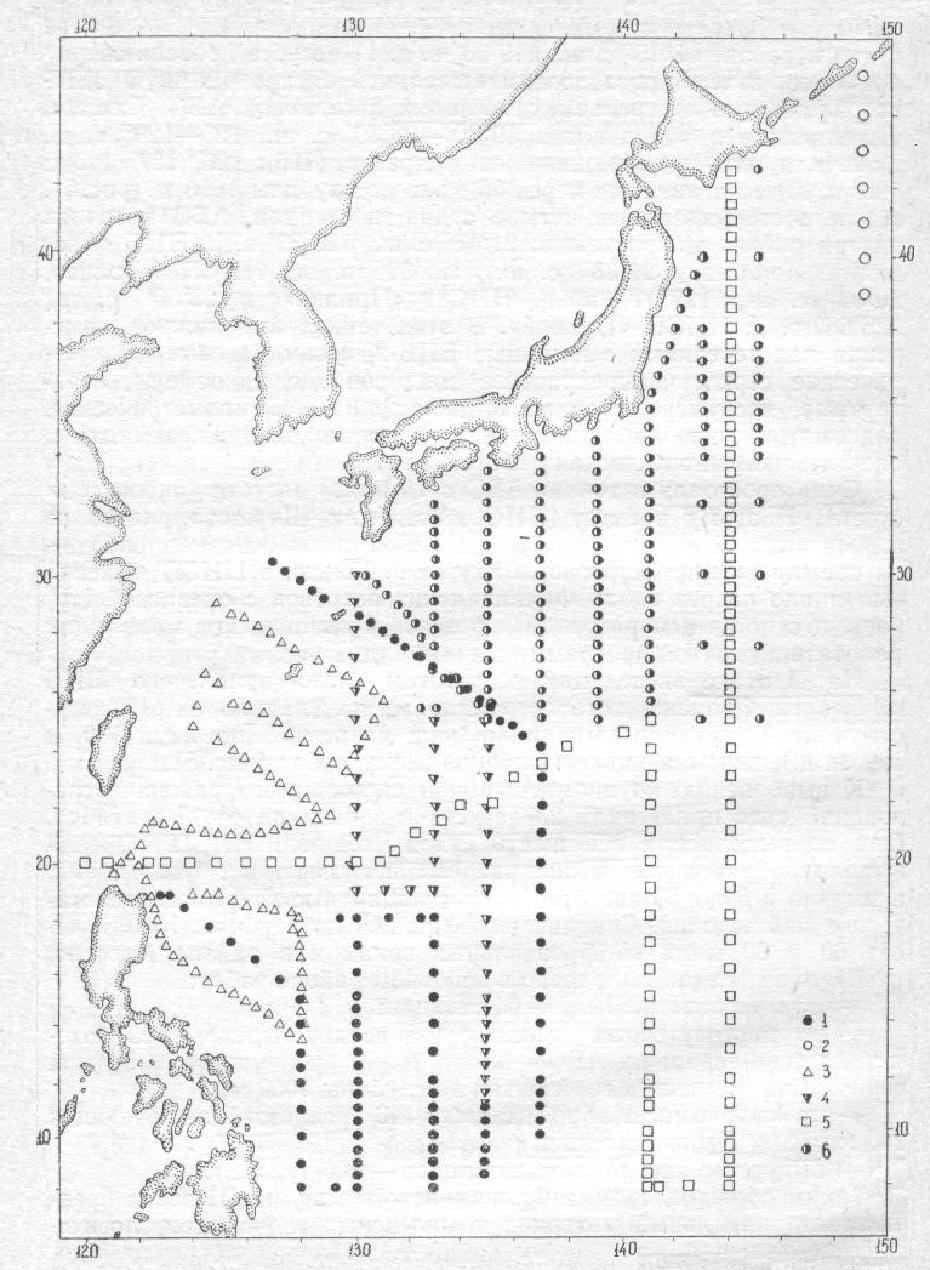 Съёмка области Куросио судами ДВНИГМИ в июне-июле 1980 года.Разные обозначения соответствуют разным судам.