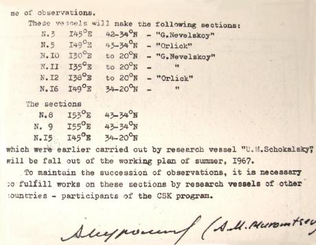 Фрагмент письма советского Национального Координатора (1966 год) с отказом от измерений на трёх разрезах.