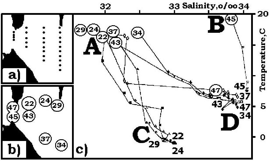 Fig. 4. Position of standard oceanographic stations in LaPerouse Strait (a); and T(S)-curves (c) of some stations (b) in September 1991.