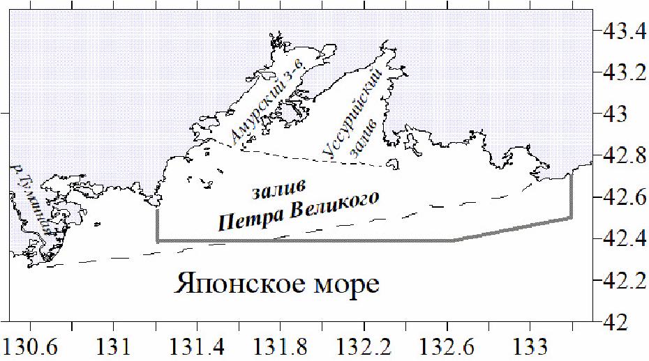 Границы заливов Петра Великого, Посьета, Амурского и Уссурийского. Серой линией обозначены границы синоптических съёмок ДВНИГМИ