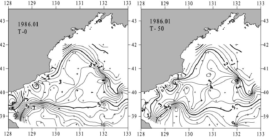Распределение температуры воды на поверхности и на горизонте 50 м в январе 1986 г.