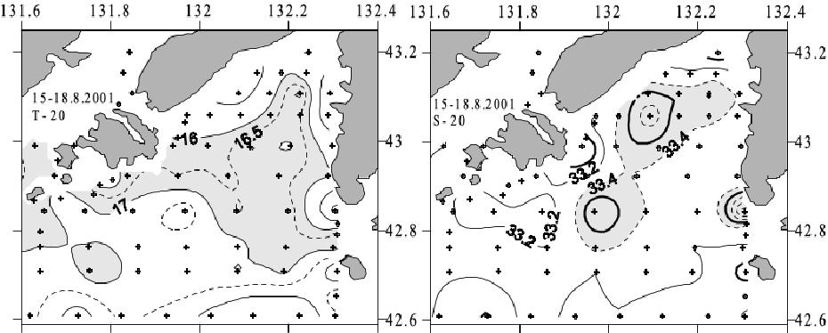 Температура и солёность Уссурийского залива на горизонте 20 м