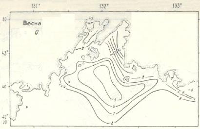 Рис. 22. Особенности горизонтального распределения температуры воды (Супранович, Якунин, 1976).