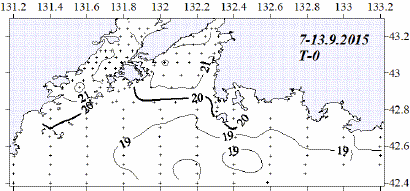 Рис. 29. Температура воды на поверхности ЗПВ летом.