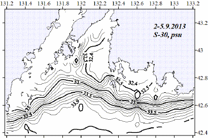 Рис. 32. Солёностный фронт на горизонте 30 м летом.