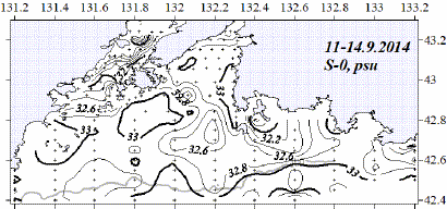 Рис. 31. Летние солёностные фронты на поверхности.