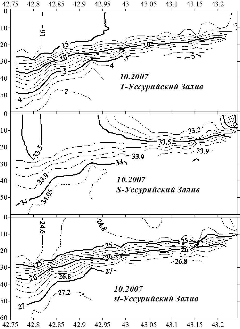Рис. 18. Параметры воды на разрезе через Уссурийский залив (октябрь).